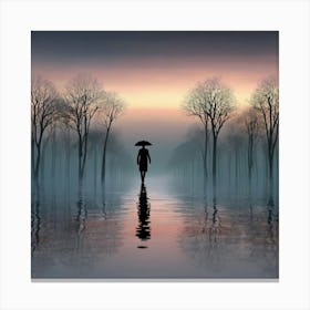 Person Walking In A Rainy Forest Canvas Print