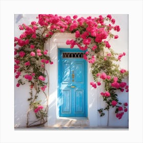 Blue Door With Pink Roses Canvas Print