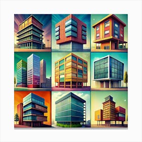 Colorful Modern Office Buildings Illustration Canvas Print