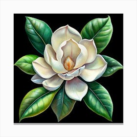 Elegant White Magnolia Flower With Green Leaves Canvas Print