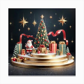 3d Christmas Podium With Santa And Christmas Tree Canvas Print