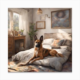 German Shepherd In The Bedroom Dog On Bed Painting ( Bohemian Design ) Canvas Print