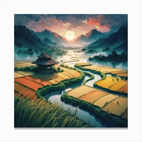 Beautiful views of rice fields, close to the river and surrounded by mountains, 8 Canvas Print