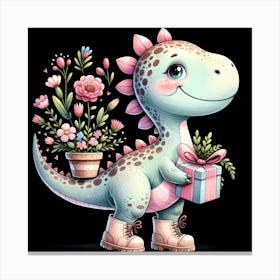 Baby Dino Dinosaur Birthday Flowers Canvas Print