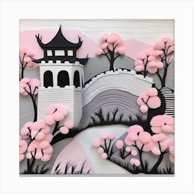 3D Great Wall of China, Chinese Paper Art Pink Textured Landscape Canvas Print