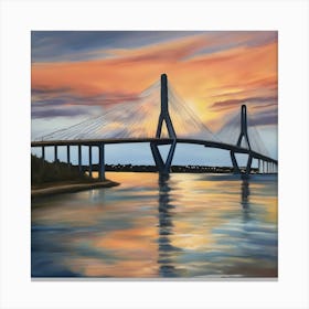 Sunset over the Arthur Ravenel Jr. Bridge in Charleston. Blue water and sunset reflections on the water. Oil colors.10 Canvas Print