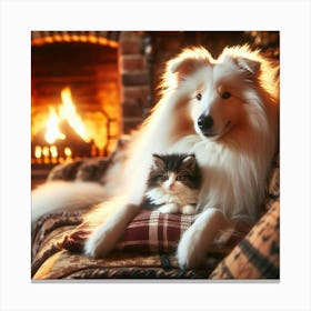 Dog And Cat In Front Of Fireplace 1 Canvas Print