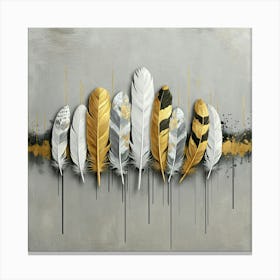 An Artistic Composition Featuring Gold And Black Feathers On A Subtle Gray Background, Emphasizing Their Beauty And Contrast Canvas Print