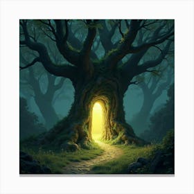 A Hidden Portal In An Ancient Tree, Glowing With Mystical Runes 1 Canvas Print