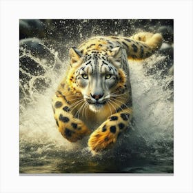 Snow Leopard Running In The Water Canvas Print