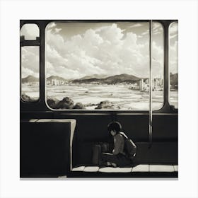 90's anime on a lonely train looking thru the window Canvas Print