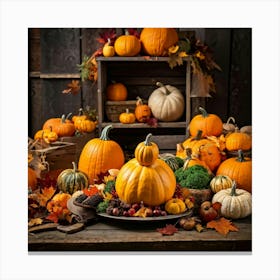 An Autumnal Photography Arrangement Depicting A Vibrant Orange Gourd Amidst A Thanksgiving Meal Sett (6) Canvas Print