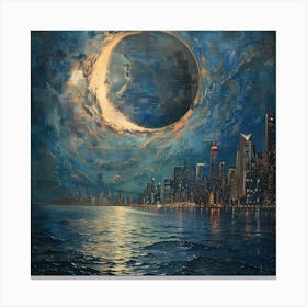 Moon Over Chicago, Tiny Dots, Pointillism Canvas Print