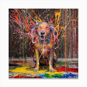 Joyful Chaos A Vibrant Abstract Expressionist Masterpiece With A Paint Shaking Dog (2) Canvas Print