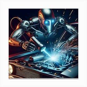 Futuristic Robot Working On Muscle Car 3 Canvas Print