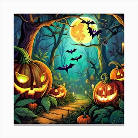 Firefly Halloween Jungle With Bats And Pumpkins Around Glowing Under The Moonlight 17457 Canvas Print