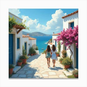 Greek Beauty In A Watercolor Scene, Strolling Through A Picturesque Island Village 1 Canvas Print