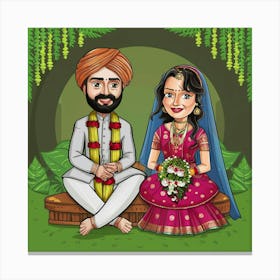 Cartoon Wedding Couple Canvas Print