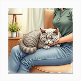 Serene British Shorthair Cat Resting On A Person S Lap In A Quiet Room, Watercolor 1 Canvas Print