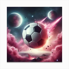 A Photo Realistic Soccer Ball As A Planet In Space With Pink Smoke And Explosions, With 2 Moons In The Background, Digital Art 3 Canvas Print