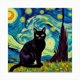 The Starry Night, Vincent Van Gogh Style With Black Cat Portrait Canvas Print