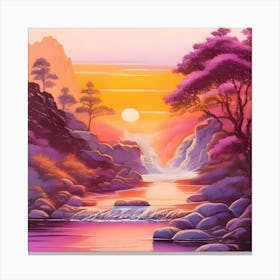 River Sunset Painting Scenery Beautiful Trees Mountain Afternoon Morning Landscape Vintage Retro Colorful Canvas Print