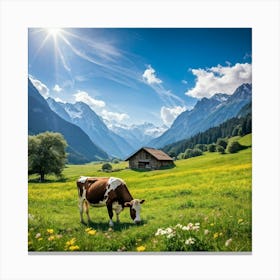 Alpine Meadow With A Cow Grazing Spring Setting Blossoming Flowers Dotting The Lush Grass Warm Su 2 Canvas Print