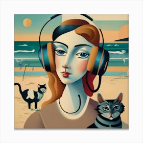 Woman With Headphones And Cats Canvas Print
