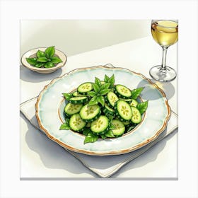 Watercolor Scene Of A Fresh And Vibrant Cucumber Salad On A Fine Dining Table Canvas Print