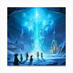 Winter Fairy Tale Setting Illuminated By Soft Ethereal Light Whimsical Gnomes Adorned In Vibrant Canvas Print