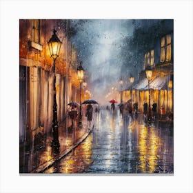 Twilight Rain Ethereal Watercolor Painting Of A Cobblestone Street At Night (4) Canvas Print