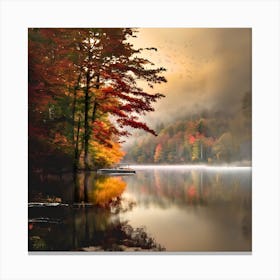Autumn Leaves On A Lake with foggy- Tranquil foggy autumn scene in a misty Derbyshire forest bright art Canvas Print