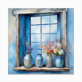 Blue wall. Open window. From inside an old-style room. Silver in the middle. There are several small pottery jars next to the window. There are flowers in the jars Spring oil colors. Wall painting.46 Canvas Print