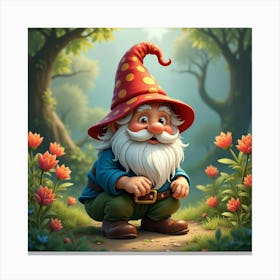 A Charming Gnome With A Colorful Hat Working In A Mystical Garden Canvas Print