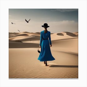 Woman In A Blue Dress In The Desert Canvas Print