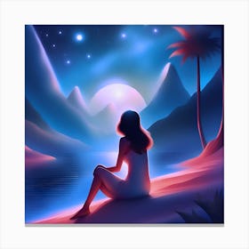Woman Looking At The Moon- Romantic beauty brunette in fashionable clothes on the beach during sunset. Canvas Print