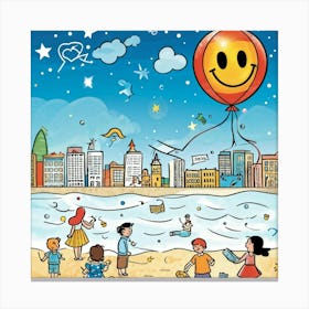 Cartoon Illustration Of A Hand Drawn Balloon Adorned With A Happy Face Floating Over A Bustling Beac (3) Canvas Print