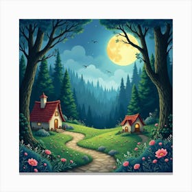 Fairy Village In A Moonlit Forest, Watercolor 1 Canvas Print