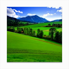 Green Field With Mountains Canvas Print