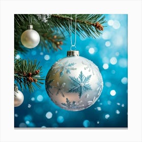 Closeup Of A Shiny White Bauble Adorned With Snowflakes Reflecting The Merry Lights Of A Festive Ch (6) 2 Canvas Print