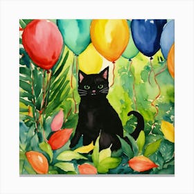 Black Cat With Balloons 1 Canvas Print