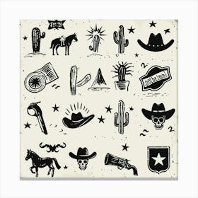 A Minimalistic Vector Icon Set Of Western Cowboy Symbols, Black On White, Handdrawn Doodle Icon Toile