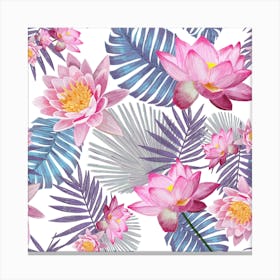Hand Drawn Pink Lotus Flower And Botanical Leaves Pattern Square Canvas Print