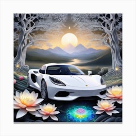 White Sports Car In The Forest Canvas Print