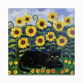 Gustav Klimt Inspired , Farm Garden With Sunflowers And A Black Cat 4 Canvas Print