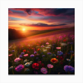 Sunset With Flowers Canvas Print