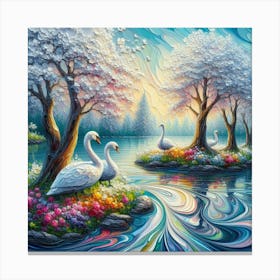 Spring Dream Acrylic Pour Art: Impasto Trees, Swans in Lake, Highly Detailed with Crisp Sharp Focus and Thick Raised Texture. Canvas Print