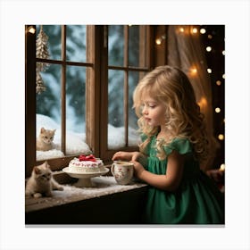 Blonde Child In Emerald Green Dress Red Bow Nestled In Hair Gazes Out A Frost Framed Window At A C Canvas Print