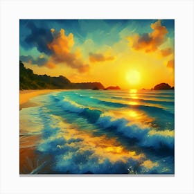 Generate An Impressionist Style Oil Painting Of A Stunning Beach During Sunset 1 Canvas Print