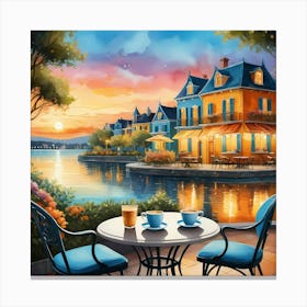 Cafe Terrace by Calm Lake in Sunset Canvas Print